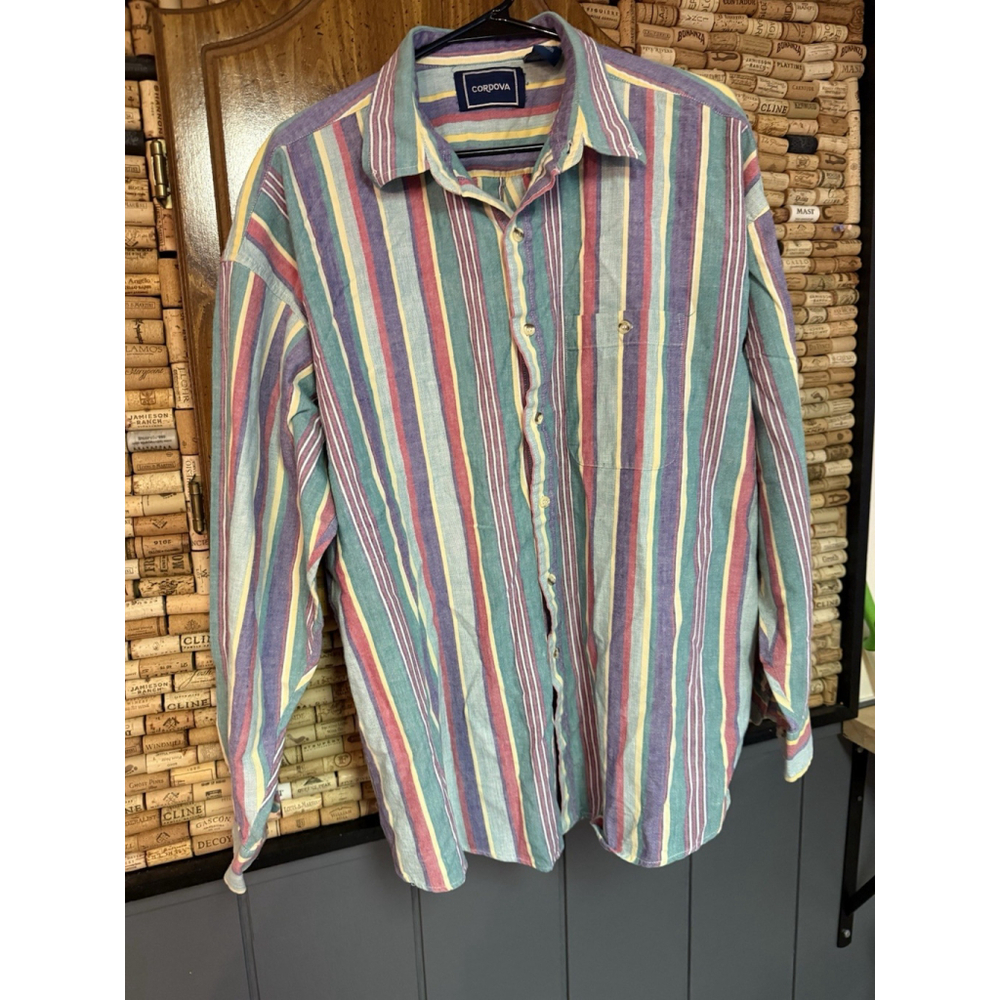 Vintage 90s Cordova Multicolor Pink & Green Cotton Stripe Button Down Mens 2x